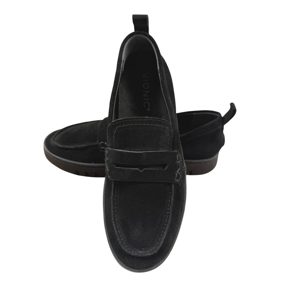 Vionic Uptown Black Suede Penny Loafer Lug Sole Shoes Womens 6.5